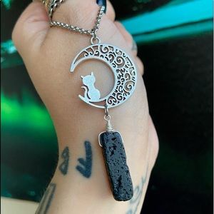 Gemstone cat moon necklace .Black lava rock oil diffuser & silver cat moon charm